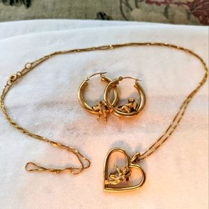 14kt Gold Cherub in Heart Pendant and Earring set